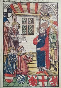 Roomalaisten kuningas Sigismund Luxemburg vastaanottaa Itävallan herttua Frederickin kunnianosoituksen 1483 (värillinen puupiirros) (katso myös 316982 ja 336923)